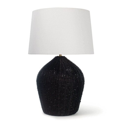 black rattan table lamp with white linen shade